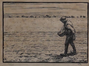 Lucien Pissarro (French, 1863-1944), designed by Camille Pissaro, woodcut, 'The Sower', with personal inscription dated June 6th 1947, 18 x 19cm. Condition - fair